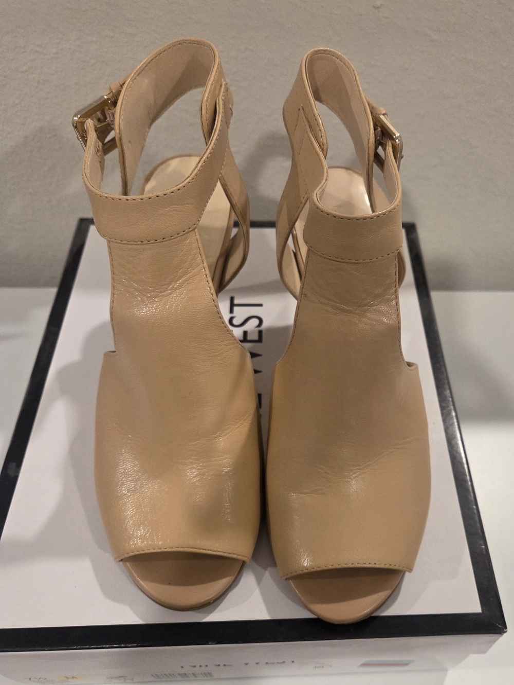 Nine West Nude/Tan Open-Toe Ankle Strap Block Heels